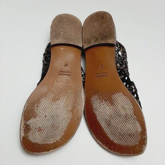 EMANUELE CRASTO Italy Woven Thong Flat Sandals Lather Black & Silver Sz 7 / 37 - Picture 12 of 13